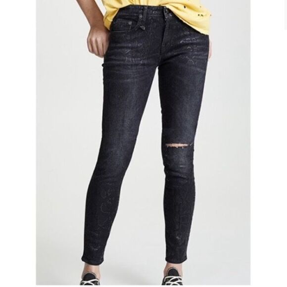R13 Alison Skinny Python‎ Print Distressed Skinny Leg Jeans Charcoal Size 25 - Picture 2 of 12
